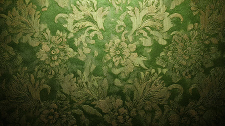 Opulent green damask background with floral arabesque patterns, fine woven craftsmanship, subtle sheen and textureの素材