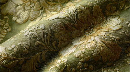 Woven damask cloth in moss green tones, ornate floral patterns, fine detail and soft highlights, decorative backgroundの素材