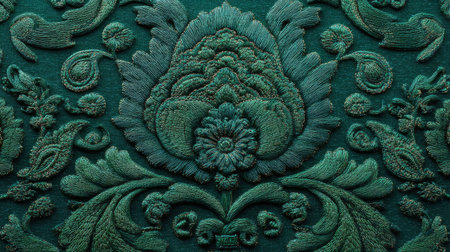 Deep green decorative damask with intricate floral embroidery, rich textile detail, ornamental fabric textureの素材