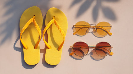 Beach holiday essentials, yellow flip flops and sunglasses top view, minimalist aesthetic, airy backgroundの素材