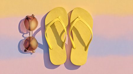 Top-down view of yellow flip flops and stylish sunglasses arranged neatly on pastel backdrop, minimalist beach vibeの素材