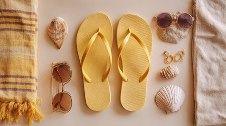 Flat lay beach essentials, yellow flip flops and sunglasses, top-down composition on soft neutral backdropの素材