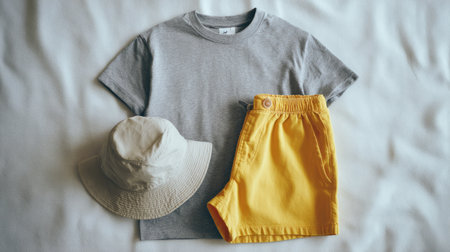 minimal fashion arrangement, gray tee, yellow shorts, bucket hat, cozy soft light, flat lay on plain backdrop, calm visual harmonyの素材