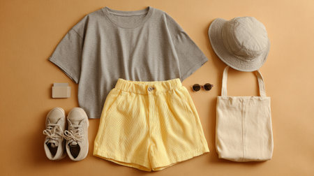modern casual outfit flat lay, gray tee, pastel yellow shorts, and bucket hat, arranged symmetrically, soft studio lighting, warm cozy tonesの素材
