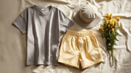 flat lay minimalist outfit, gray tee, light yellow shorts, and bucket hat, arranged symmetrically, gentle cozy lighting, studio setting with soft tonesの素材