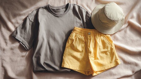 minimal aesthetic flat lay, gray tee, yellow shorts, and bucket hat, arranged neatly, soft lighting, cozy pastel palette, simple modern vibeの素材