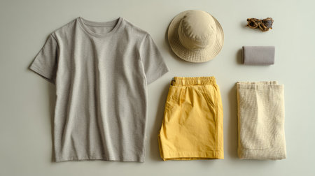 minimal neutral flat lay, soft gray t-shirt and yellow shorts with beige bucket hat, clean layout, cozy tone lighting, balanced visual flowの素材