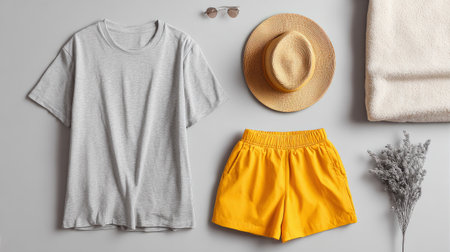modern pastel fashion flat lay, gray t-shirt, yellow shorts, and hat, cozy light tones, clean minimalist arrangement, balanced compositionの素材