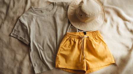 soft pastel outfit flat lay, gray tee with yellow shorts and beige bucket hat, cozy atmosphere, warm light, minimalist composition on neutral backgroundの素材