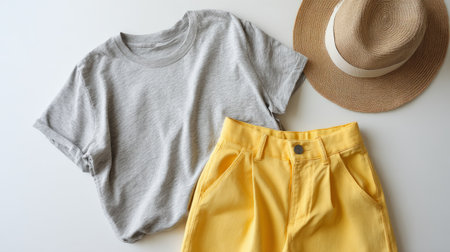 modern pastel fashion flat lay, gray t-shirt, yellow shorts, and hat, cozy light tones, clean minimalist arrangement, balanced compositionの素材