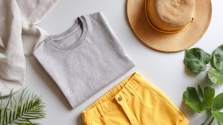 modern pastel fashion flat lay, gray t-shirt, yellow shorts, and hat, cozy light tones, clean minimalist arrangement, balanced compositionの素材
