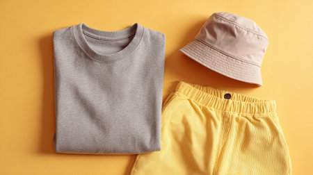stylish minimalist flat lay, folded gray t-shirt and pastel yellow shorts with bucket hat, cozy studio lighting, soft aesthetic, balanced fashion layoutの素材