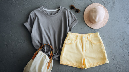 minimal flat lay with balanced outfit layout, gray tee, pastel yellow shorts, and bucket hat, cozy soft light, serene aesthetic for lifestyle stock photoの素材
