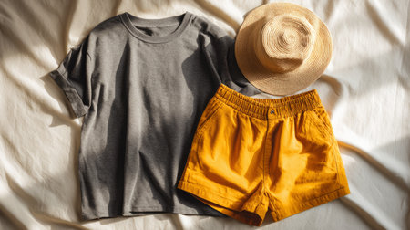 minimalist summer outfit flat lay, gray tee and yellow shorts paired with bucket hat, neatly arranged, cozy warm light, simple studio setup, balanced layoutの素材