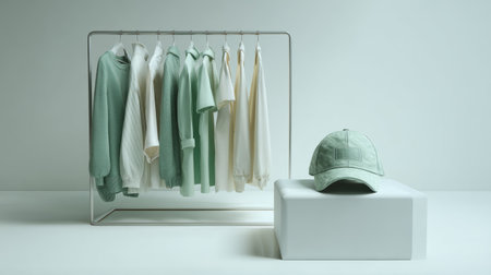 Artistic minimal fashion setup, mint clothes on rack, cap on pedestal, luxury tone, soft daylight, pure white backgroundの素材