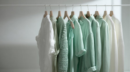 Clean contemporary look book concept, mint apparel displayed elegantly, soft light, white background, refined textures and high-end simplicityの素材