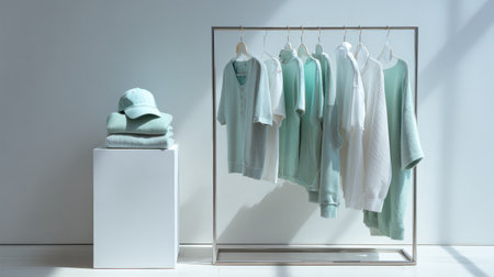 Artistic minimal fashion setup, mint clothes on rack, cap on pedestal, luxury tone, soft daylight, pure white backgroundの素材