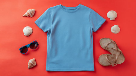 Blue t-shirt mockup with summer accessories on bright red background, playful flat lay design, clean symmetrical layoutの素材