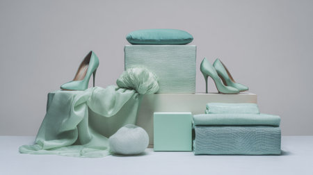 Modern fashion editorial still life, mint hues, white space, balanced forms, premium textile detail, luxury craftsmanship visibleの素材