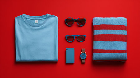 Minimal summer mockup layout, clothing and accessories organized symmetrically, blue t-shirt highlight, isolated red studio baseの素材