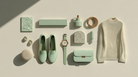 Minimal studio styling for women collection, mint fashion items arranged with balance and sunlight, soft luxury toneの素材