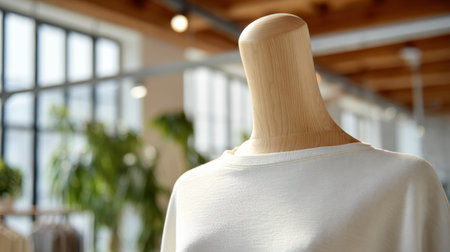 Elegant apparel display, wooden mannequin wearing oversized white t-shirt, bright modern studio, clear texture visibilityの素材