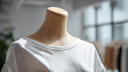 Elegant apparel display, wooden mannequin wearing oversized white t-shirt, bright modern studio, clear texture visibilityの素材
