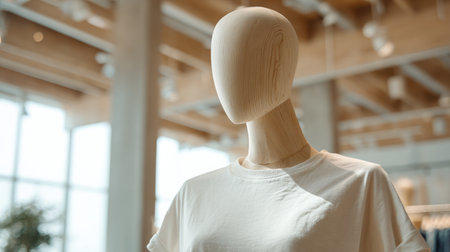 Elegant apparel display, wooden mannequin wearing oversized white t-shirt, bright modern studio, clear texture visibilityの素材