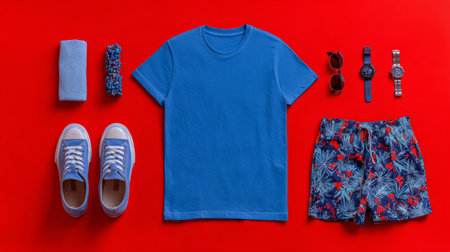 Vibrant summer outfit flat lay, blue tee mockup, patterned shorts, casual footwear and accessories, isolated red background, neat symmetryの素材