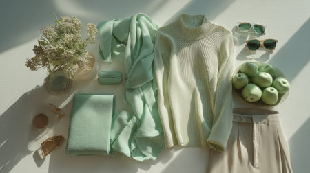 Minimal studio styling for women collection, mint fashion items arranged with balance and sunlight, soft luxury toneの素材