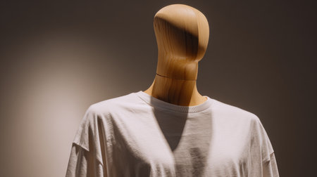 Wooden mannequin with oversized white t-shirt, balanced composition, subtle shadows, bright premium apparel showcaseの素材