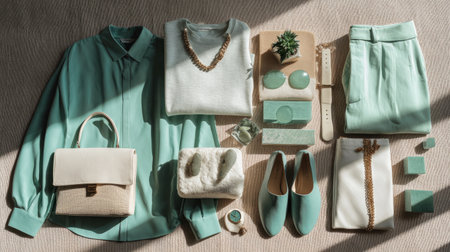 Minimal studio styling for women collection, mint fashion items arranged with balance and sunlight, soft luxury toneの素材