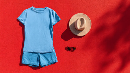 Minimal summer outfit mockup, flat lay with blue tee, shorts, sunglasses, and hat, red isolated background, airy and vibrantの素材
