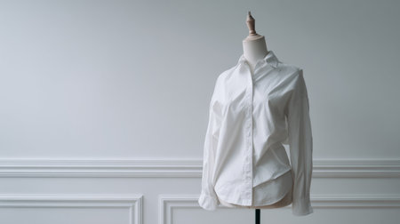Minimal fashion product composition, oversized white shirt on mannequin torso, white wall backdrop, premium simplicityの素材