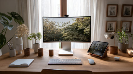 Minimalist home office setup with curved monitor, wireless keyboard, tablet, and elegant Scandinavian design, calm focus vibeの素材