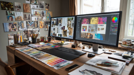 Modern designer workspace with color palettes, mood boards, and dual screens displaying creative projectsの素材