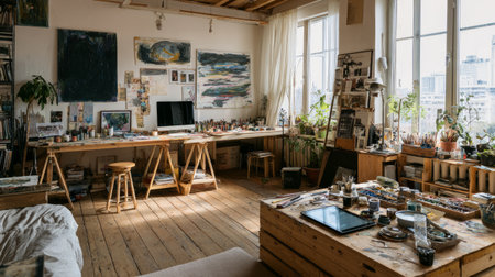 Bright modern studio with art tools, digital tablets, inspiration board, and airy open layout, creativity and focus combinedの素材