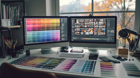 Modern designer workspace with color palettes, mood boards, and dual screens displaying creative projectsの素材