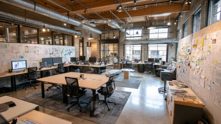 Open concept creative studio with collaborative desks, glass walls, brainstorming boards, and digital productivity toolsの素材