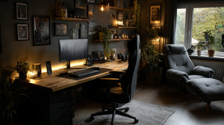 Inspiring home office with soft textures, ambient lighting, and tech gadgets for enhanced creativity and focusの素材