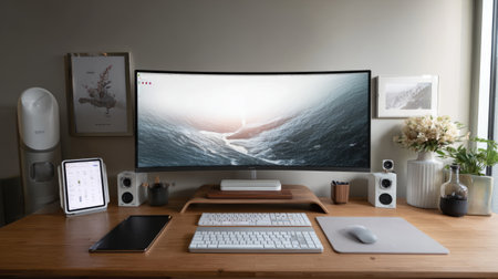 Minimalist home office setup with curved monitor, wireless keyboard, tablet, and elegant Scandinavian design, calm focus vibeの素材