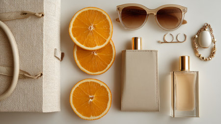 Minimal modern lifestyle flatlay, white and beige tones, fresh orange slices, perfume, elegant accessories, luxury paper bagsの素材