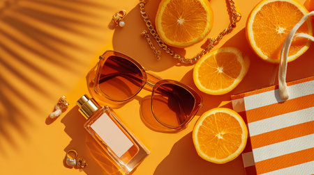 Modern Instagram flatlay, vibrant summer tones, shopping bags, sliced oranges, trendy sunglasses, perfume, bracelet, aesthetic clean lightの素材