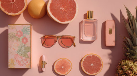 High-end summer shopping concept, pink and coral tones, designer packaging, tropical fruits, sunglasses, perfume, chic flatlay style, modern lifestyle lookの素材