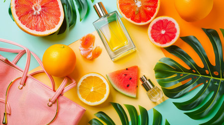 Modern summer shopping flatlay, luxury shopping bags, designer sunglasses, sliced oranges and watermelon, gold accessories, perfume bottle, minimal clean background, soft shadows, vibrant summer tones, high-end Instagram aestheticの素材