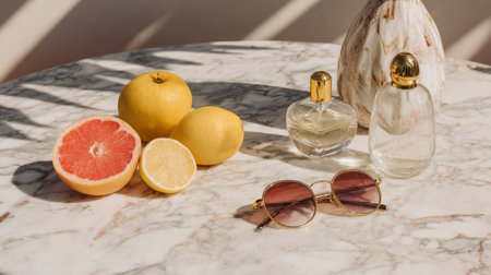 Summer beauty and shopping concept, marble table, sunglasses, perfume bottle, fruit garnishes, minimal shadows, soft natural lightの素材