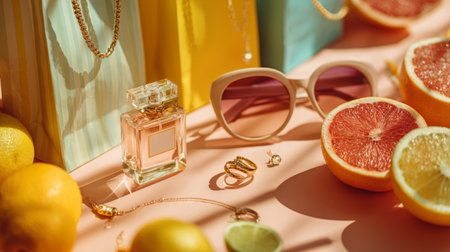 Trendy summer shopping theme, warm sunlight, designer perfume, shopping bags, citrus fruits, jewelry and sunglasses, vibrant pastel aestheticの素材