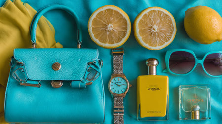 Vibrant summer fashion flatlay, turquoise and yellow color palette, citrus fruit halves, sunglasses, luxury bags, watch and perfume, airy soft lightの素材