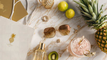 Luxury summer flatlay, marble surface, shopping bags with gold logos, fruity cocktail, trendy sunglasses, jewelry and tropical fruits, vibrant and clean aestheticの素材