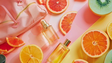 Modern summer shopping flatlay, luxury shopping bags, designer sunglasses, sliced oranges and watermelon, gold accessories, perfume bottle, minimal clean background, soft shadows, vibrant summer tones, high-end Instagram aestheticの素材